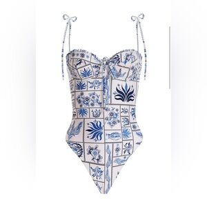 Aqua By Aqua Bendita Swimsuit One Piece White w/ Blue Design, Size: Small